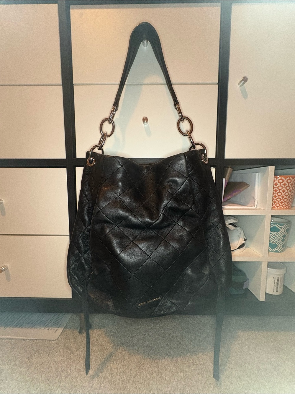 Aimee Kestenberg Black Quilted Leather Shoulder Bag with Chain Rings